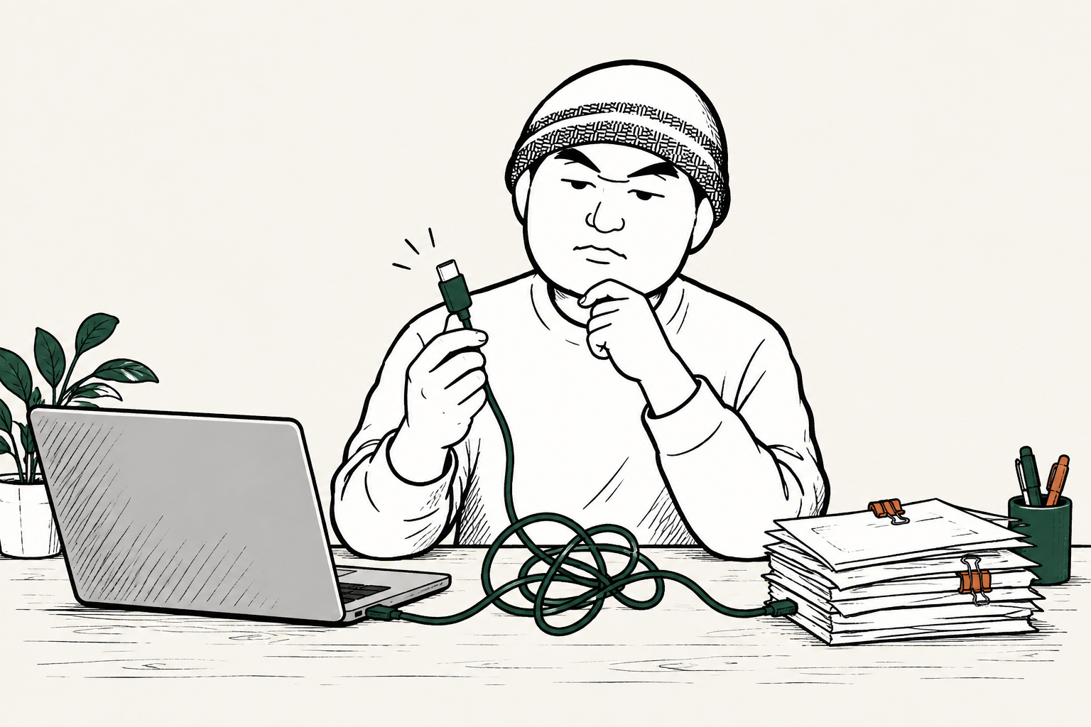 品牌人物檢查纏在一起的線材，桌上放著電腦與待處理文件